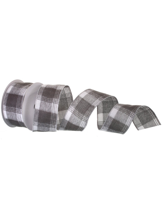 Grey White Grey Flannel Plaid Wired Ribbon 