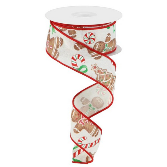 Roll of white ribbon with gingerbread men