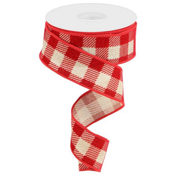 Roll of Light Beige and Red Glitter Velvet Check Ribbon