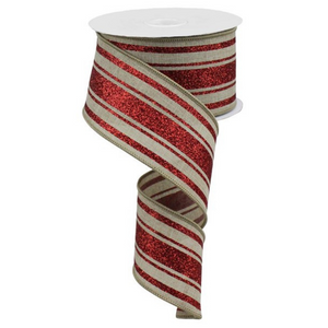 Roll of Natural and Red Glitter Farmhouse Stripe Ribbon