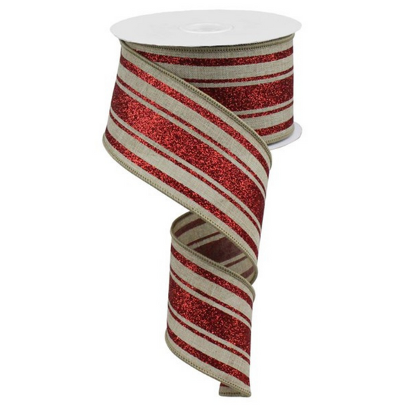Roll of Natural and Red Glitter Farmhouse Stripe Ribbon