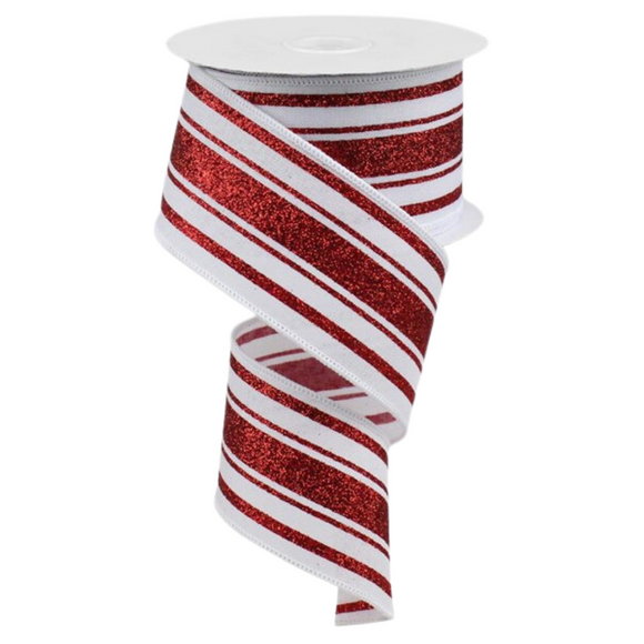 Roll of White and Red Glitter Farmhouse Stripe Ribbon