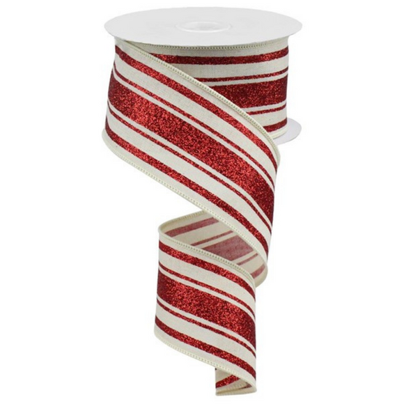 Roll of Cream and Red Glitter Farmhouse Stripe Ribbon