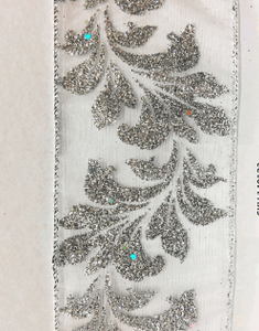 Platinum Glitter Sheer Leaves Ribbon