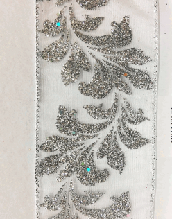 Platinum Glitter Sheer Leaves Ribbon