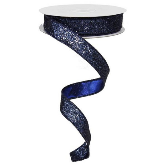 Roll of Navy Blue Glitter On Metallic Ribbon