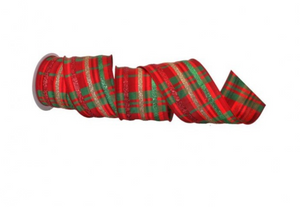 Red Green and Gold Glitter Striped Plaid Wired Ribbon