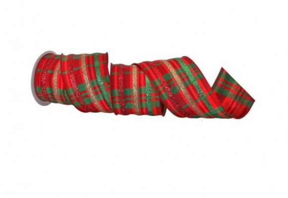 Red Green and Gold Glitter Striped Plaid Wired Ribbon