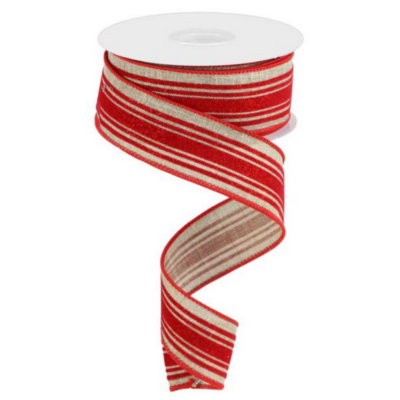 Roll of Beige and Red Glitter Velvet Vertical Lines Ribbon