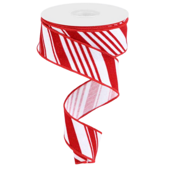 Roll of White and Red Glitter Velvet Diagonal Stripes Ribbon