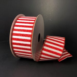 Roll of Glittered Horizontal Stripes Ribbon in White Linen Red Glitter
