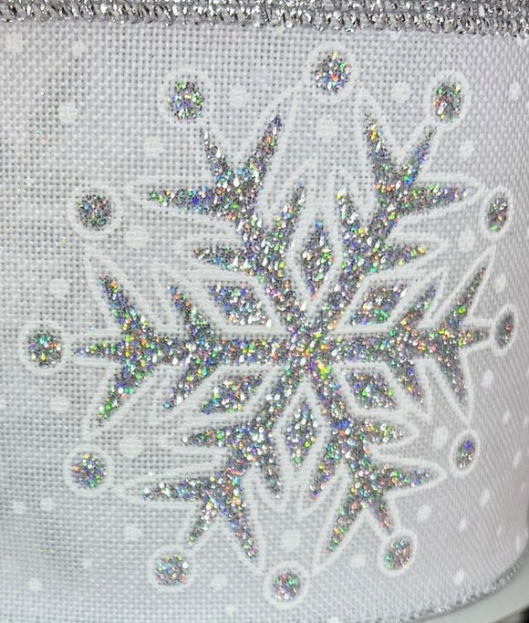 Linen White With Silver Snowflake Glitter Linen Ribbon