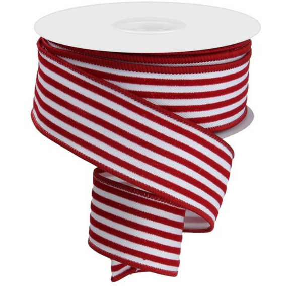 Roll of White and Red Glittered Velvet Vertical Lines Ribbon