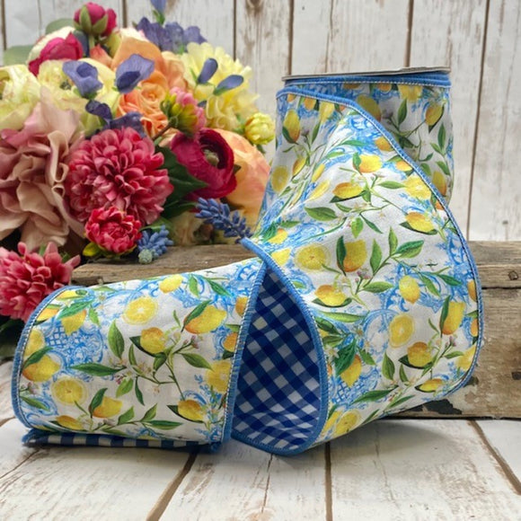 Roll of ribbon with lemons and blue flowers