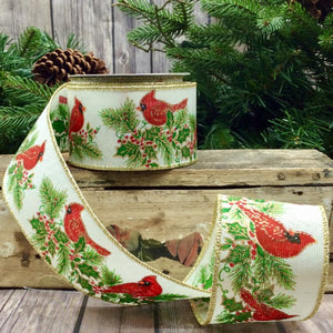 Roll of Ivory Linen Gold Glitter Red Cardinals Ribbon