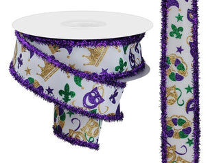 White ribbon with mardi gras decorations and purple edging