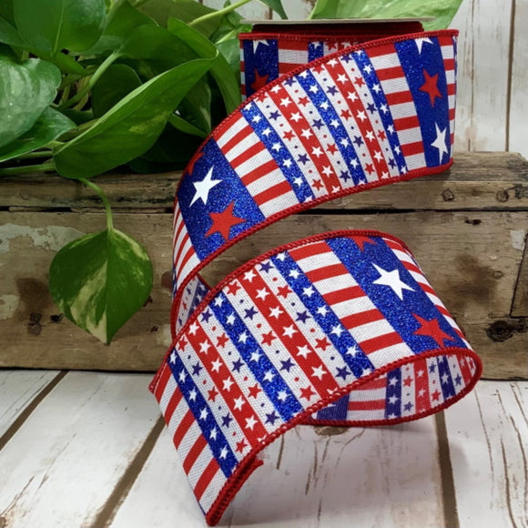 Roll of red white and blue star and stripes ribbon