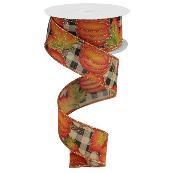 Roll of Beige Orange Yellow and Green Pumpkin Leaves On Check Ribbon