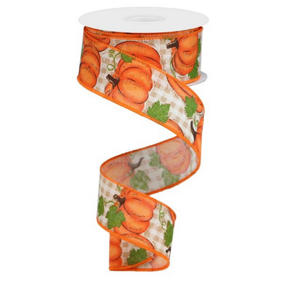 Roll of Ivory Orange and Moss Pumpkin Patch Check Ribbon