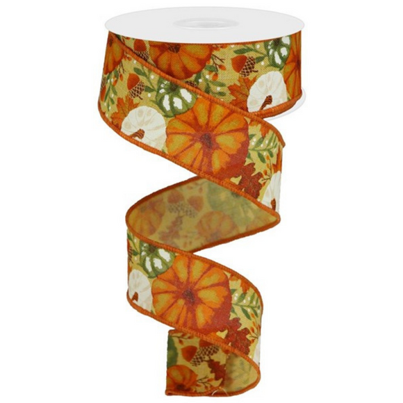 Roll of Mustard Orange and Rust Pumpkins and Foliage On Royal Ribbon