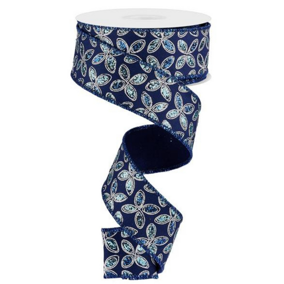 Roll of Navy Blue and Silver Quatrefoil Petals Ribbon