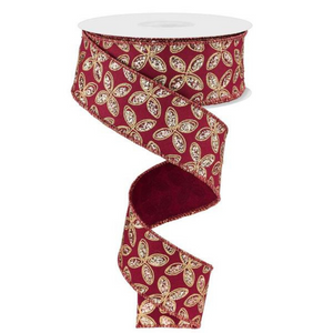 Roll of Wine Rose Champagne and Gold Quatrefoil Petals Ribbon