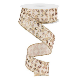 Roll of Ivory Rose Champagne and Gold Quatrefoil Petals Ribbon