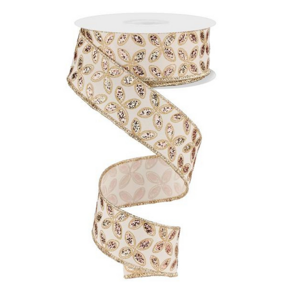 Roll of Ivory Rose Champagne and Gold Quatrefoil Petals Ribbon