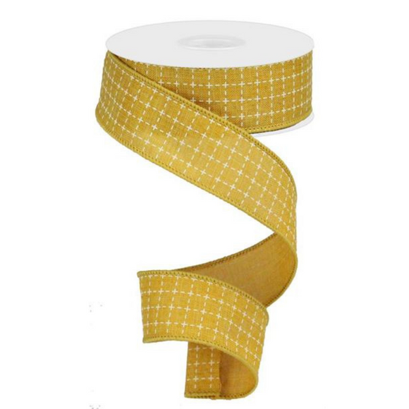 Roll of Dark Mustard and Cream Raised Stitched Squares On Royal Ribbon