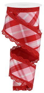 Red white and pink plaid ribbon with red lace edges and solid red back