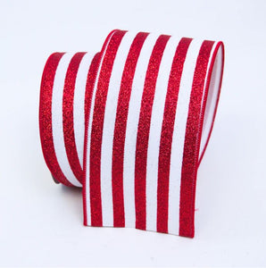 Red And White Vertical Stripe Glitter Ribbon