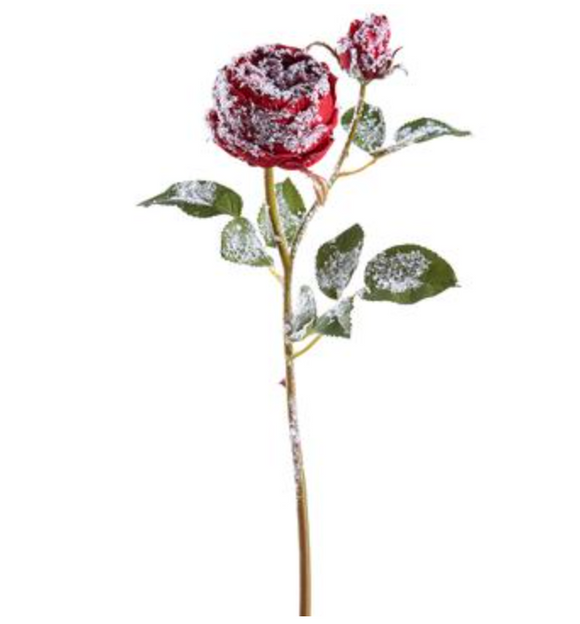 Single artificial red snow frosted rose