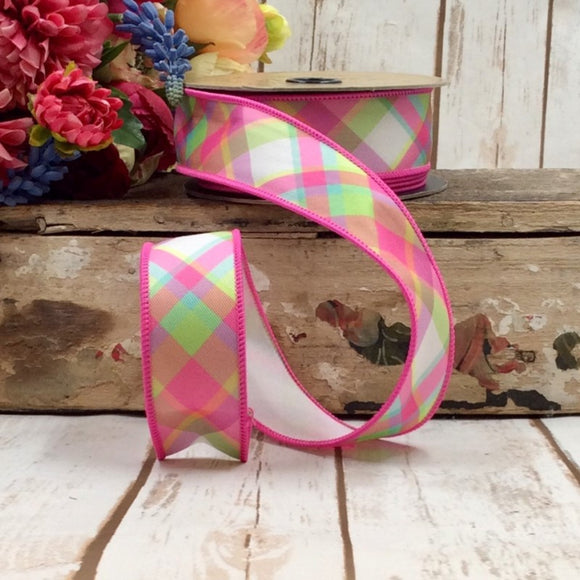 Roll of pink lime and blue diamond ribbon with flowers