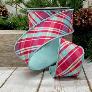 Roll of Hot Pink and Celadon ribbon with pine and pinecones