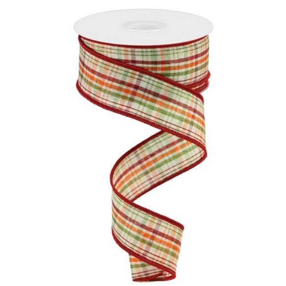 Roll of Orange Green Cream and Dark Red Tightly Woven Plaid On Royal Ribbon