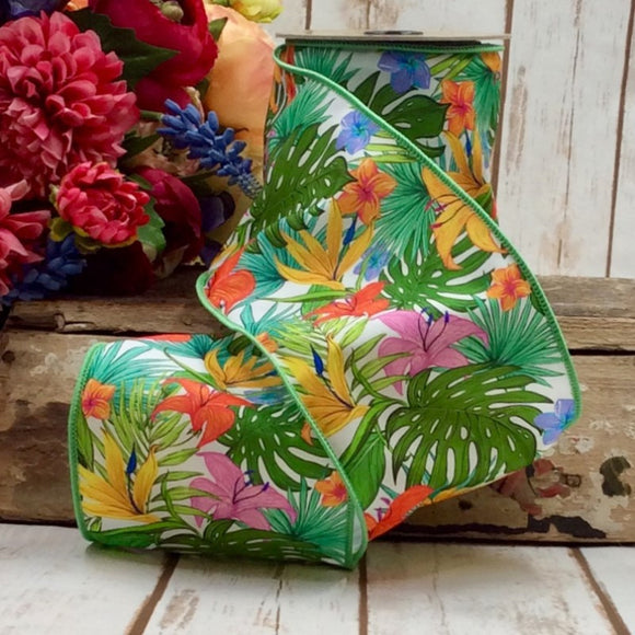 Roll of tropical flower ribbon with flowers
