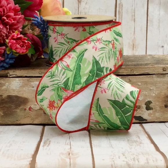 Roll of tropical leaves ribbon with flowers