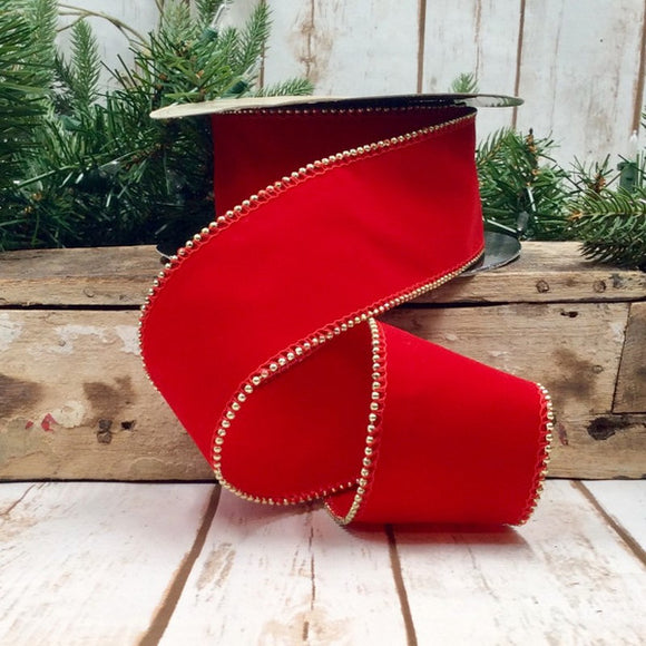 Roll of Red Velvet Double Sided Gold Beaded Edge Ribbon