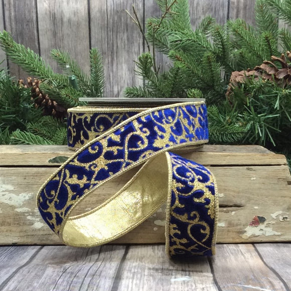 Roll of Cobalt Blue Velvet Glitter Treillage Ribbon