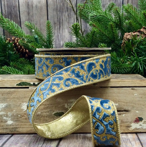 Roll of Dusty Blue Velvet Glitter Treillage Ribbon