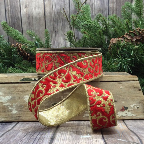 Roll of Red Hot Velvet Glitter Treillage Ribbon