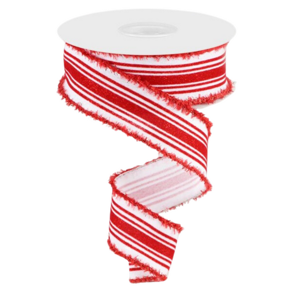 Roll of White and Red Velvet Vertical Lines With Drift Tinsel Ribbon