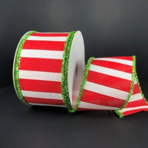 Roll of Wide Stripe Green Tinsel Edge Ribbon in Red and White