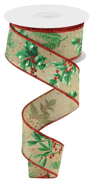 Roll of Beige Green and Red Christmas holly ribbon