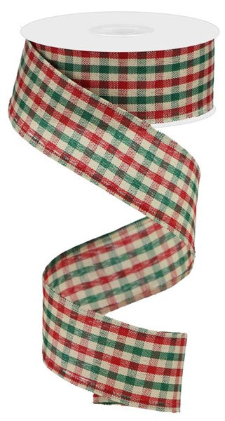 Roll of Red Emerald Green and Cream check ribbon