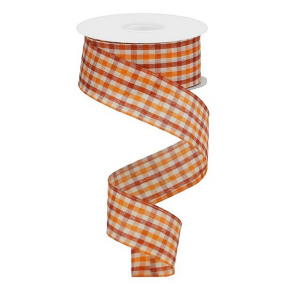 Roll of Orange Rust and Ivory Woven Gingham Check Ribbon