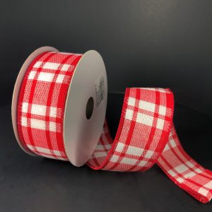 Roll of Woven Josh Plaid Ribbon in Red and White
