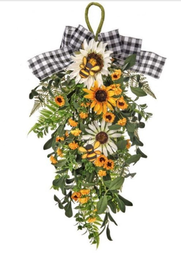 Yellow and White Mix Sunflower And Bee Teardrop With Ribbon
