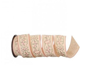 Blush and Green Embroidered Floral Vine Ribbon