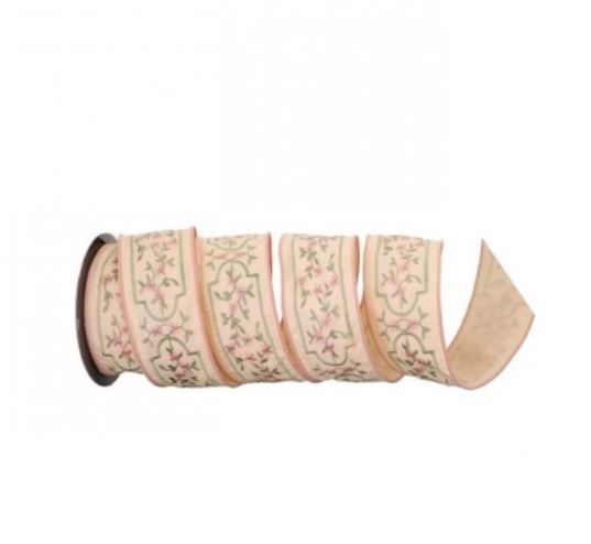 Blush and Green Embroidered Floral Vine Ribbon